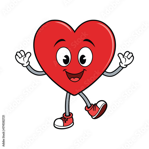 Happy cartoon heart character with arms and legs dancing and waving. heart cartoon character.