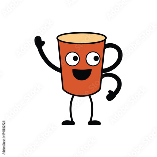 Cute cartoon coffee cup character waving hello with a happy smile and big eyes. coffer cartoon character. 