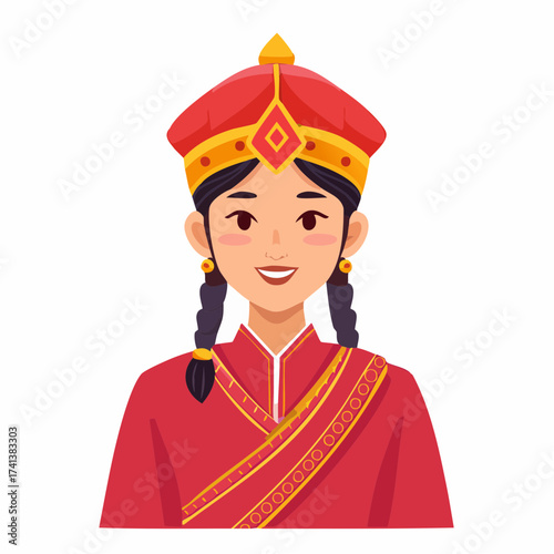Mongolian woman in traditional red costume with transparent background