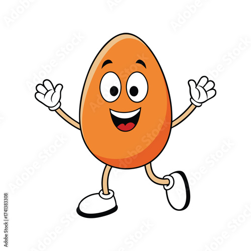 Happy cartoon egg character with arms and legs waving and smiling with joy. egg cartoon character.