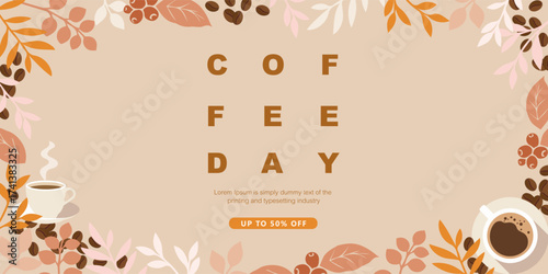 Banner design with coffee beans and leaves on minimal background for invitations, cards, backdrop, poster, cover, promo page or another template. Vector illustration.