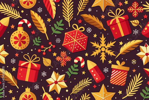 Festive seamless Christmas vector pattern featuring snowflakes, wrapped gifts, candy canes, holly leaves, and golden stars in elegant red and gold for holiday backgrounds, wrapping paper, and textile 
