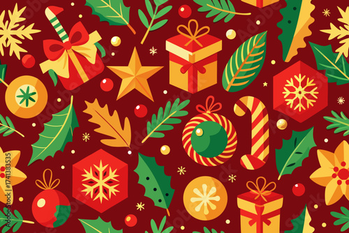 Seamless repeating Christmas pattern with gift boxes, snowflakes, candy canes, stars, and holly leaves in festive red and gold, perfect holiday vector design for wrapping paper, textiles, and seasonal
