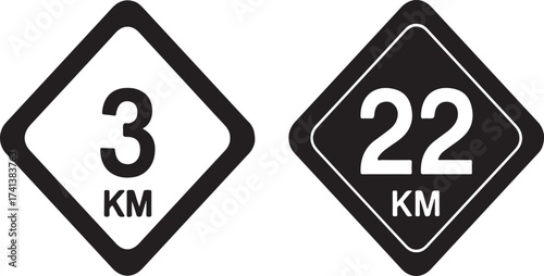 Diamond shaped signs with distance markers kilometer sign road sign