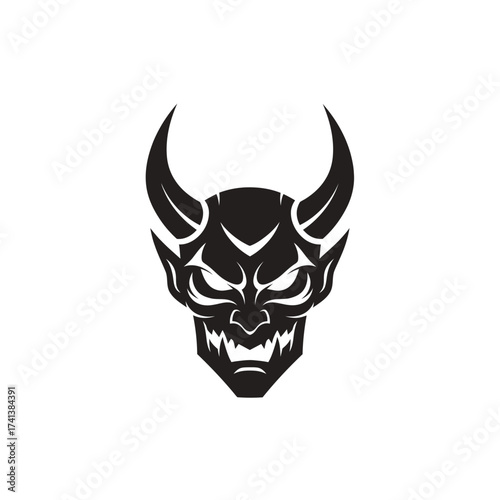 Black Devil Face with Horns and Fangs