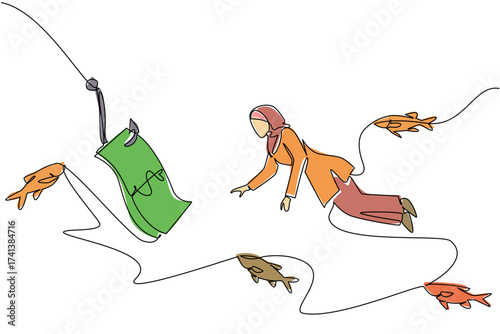 Single continuous line drawing arab woman swims and reaches for banknotes attached to a hook. Helplessness to seek help. Bound in a trap. Dangerous. Money Bait. One line design vector illustration