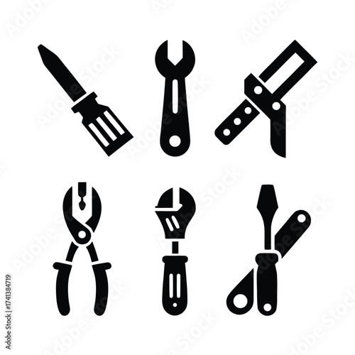 Black silhouette icons of six different hand tools on white background wrench pliers