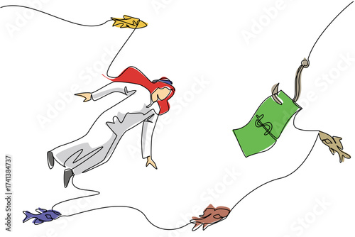 Single one line drawing arab man swims and reaches for banknotes attached to hook. The difficulty of finding trustworthy investors. Trap. Fake. Money Bait. Continuous line design graphic illustration