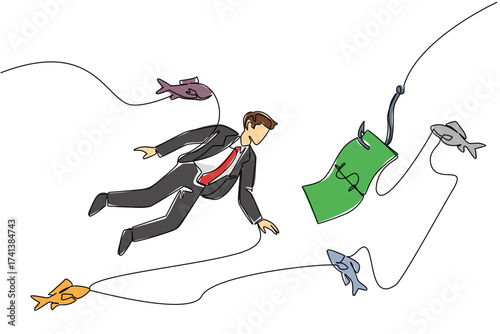 Single continuous line drawing businessman swims and reaches for banknotes attached to hook. Business traps that endanger business people. Detrimental. Money Bait. One line design vector illustration