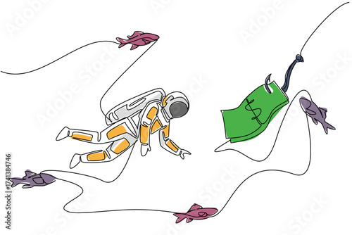 Continuous one line drawing astronaut swims and reaches for banknotes attached to a hook. Looking for investors for expedition. Fake investment. Money Bait. Single line draw design vector illustration