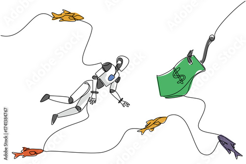 Single one line drawing robot swims and reaches for banknotes attached to a hook. Investing in an uncertain future for robots. Debt trap. Risk. Money Bait. Continuous line design graphic illustration
