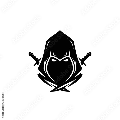 Hooded Assassin Emblem with Crossed Swords Silhouette