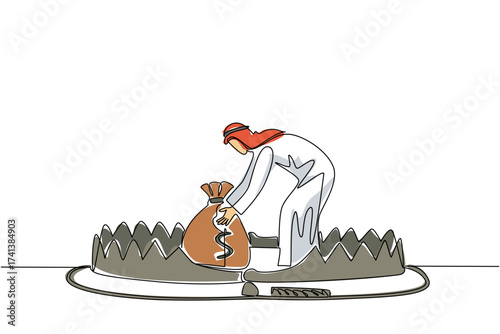 Continuous one line drawing arabian man is taking money bag on top of bear trap. Acting carelessly. Getting caught in the wrong investment. Money Bait. Single line draw design vector illustration