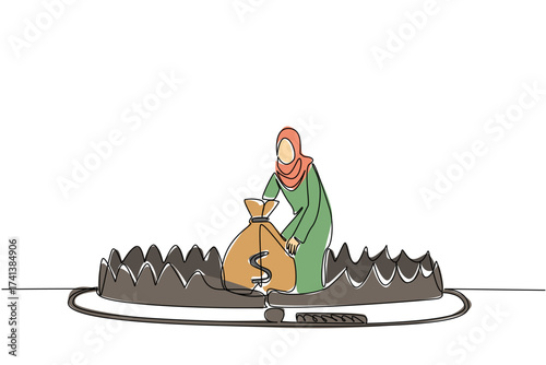 Single continuous line drawing arabian woman is taking money bag on top of bear trap. Household loans. Trapped in debt. Lots of debt. Full of risks. Money Bait. One line design vector illustration