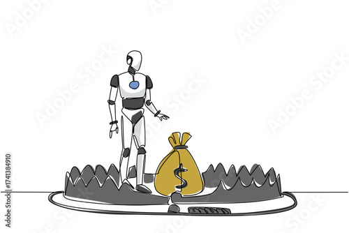 Continuous one line drawing robot is taking money bag on top of bear trap. Investment in advanced artificial intelligence. Trap trick. Risk. Money Bait. Single line draw design vector illustration