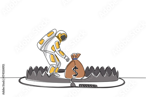 Single one line drawing astronaut is taking money bag on top of bear trap. Taking out a loan from a third party. Very detrimental in the future. Money Bait. Continuous line design graphic illustration