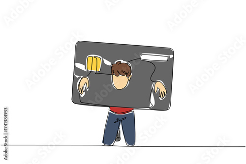 Single continuous line drawing a man trapped his head and both hands in a large credit card. Lifestyle does not match income. Deficit. Trap. Bankruptcy. Money Bait. One line design vector illustration