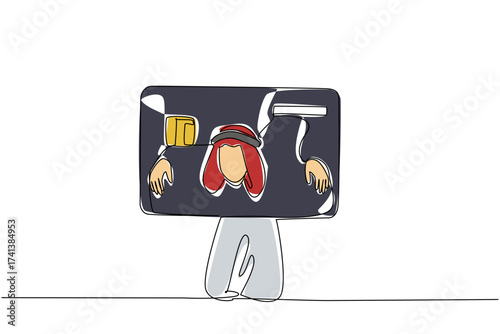 Continuous one line drawing an arab man trapped his head and both hands in a large credit card. More expenses than income. Hedonistic lifestyle. Money Bait. Single line draw design vector illustration