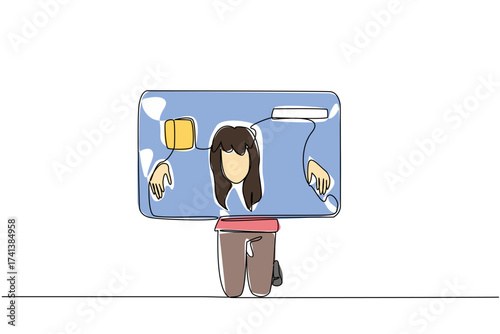 Single one line drawing a woman trapped her head and both hands in a large credit card. Excessive lifestyle. Shopaholic. Extravagant. Trap. Money Bait. Continuous line design graphic illustration