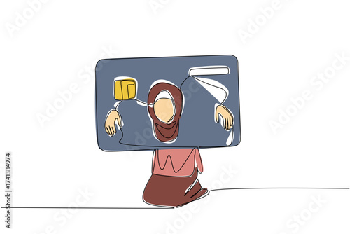 Single continuous line drawing an arab woman trapped her head and both hands in a large credit card. Following the wrong lifestyle. Not fond of saving. Money Bait. One line design vector illustration