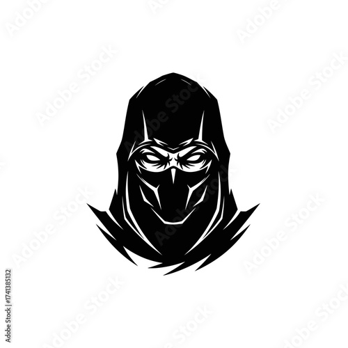 Stylized Black and White Ninja Warrior Masked Face Graphic