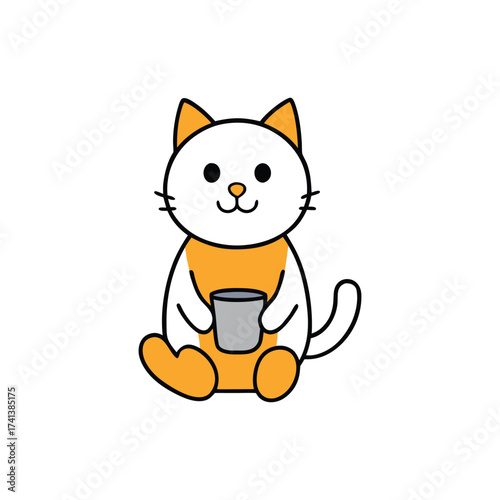 Cute cartoon white cat wearing an orange shirt holding a gray mug with a happy expression. dog cartoon.