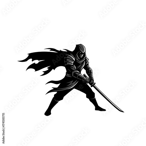 Silhouette of a Ninja Warrior with Katana Sword