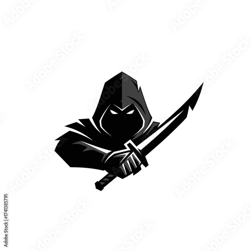 Silhouette of a hooded assassin holding a sword.