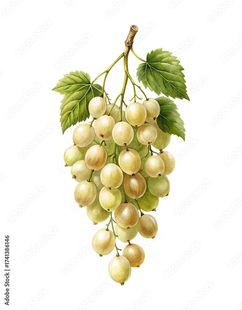 Obraz premium Detailed watercolor painting of a bunch of white currants with green leaves
