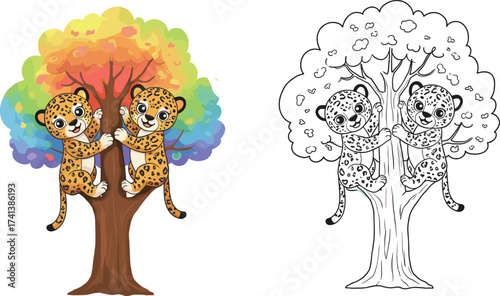 Cartoon leopards climbing tree with rainbow leaves, colorful wildlife illustration, children’s coloring page artwork, playful jungle character design, educational drawing