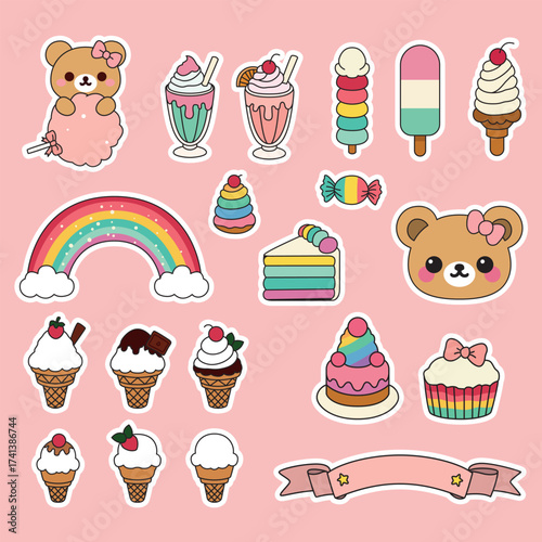 Cute rainbow sweets and bear illustration set with ice cream, milkshakes, cake, candy, and cupcakes in playful kawaii sticker style. Perfect for fun design projects.