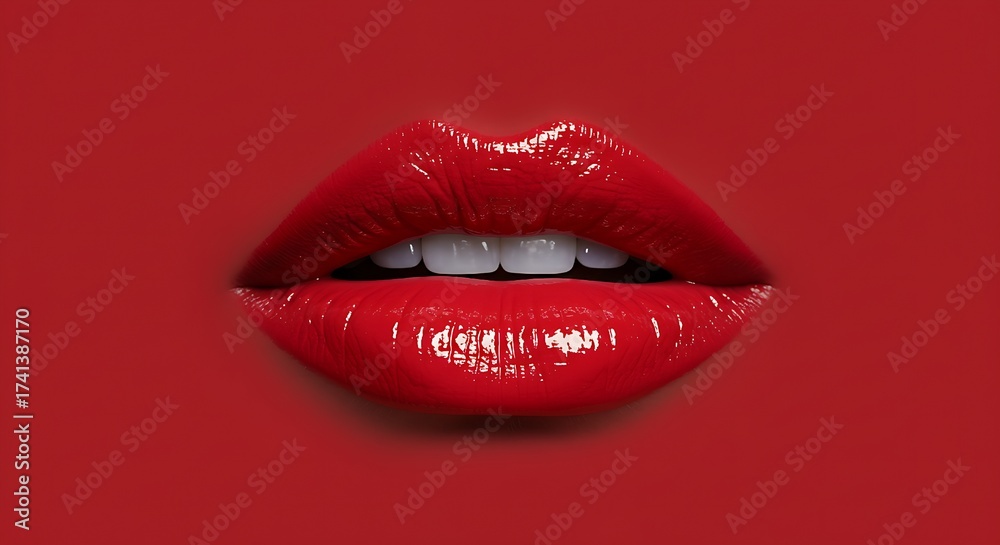 Obraz premium Close-up beauty shot featuring incredibly shiny, bright red lips, highlighting the teeth and high-gloss texture