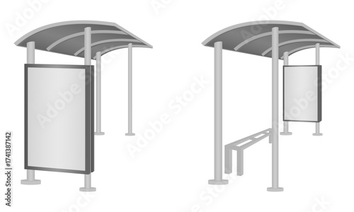 curved roof bus shelter with blank billboard in the side for advertising, vector illustration isolated on white background.