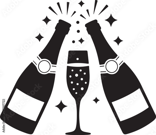 Two champagne bottles clinking with a glass of bubbly celebration toast