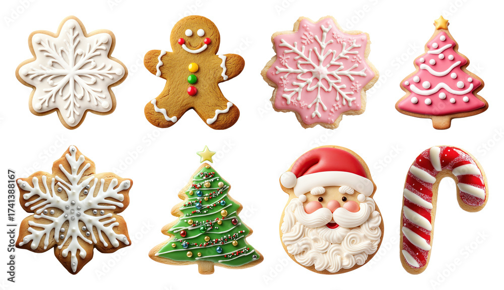 Fototapeta premium PNG Festive holiday decorated cookies, element set on transparent background