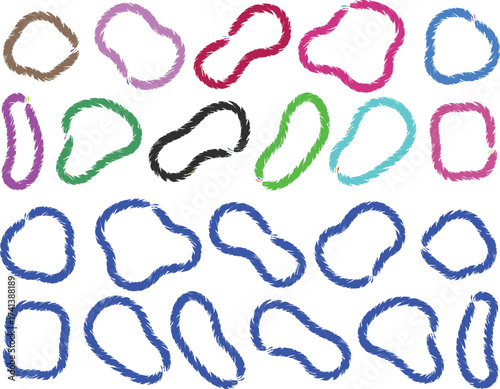 Collection of colorful, fluffy, abstract shapes and borders on white background
