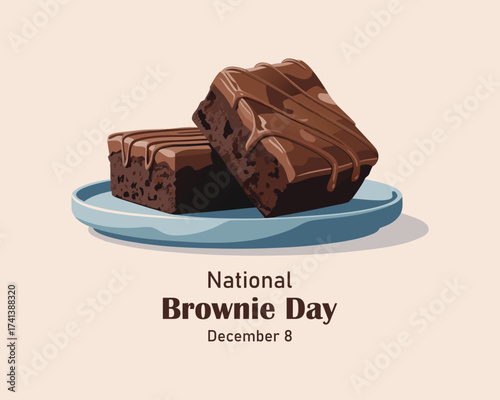 National Brownie Day vector. Two slices of chocolate brownies on a plate icon vector. Sweet chocolate pastry icon. Brownie Day Poster, December 8.
