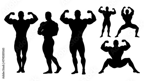 Bodybuilder Silhouette Set.Muscular Men Flexing Poses Collection, Fitness Vector Icons.