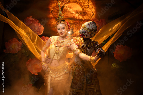 Traditional Thai dance performance featuring a graceful female dancer and a masked Khon performer