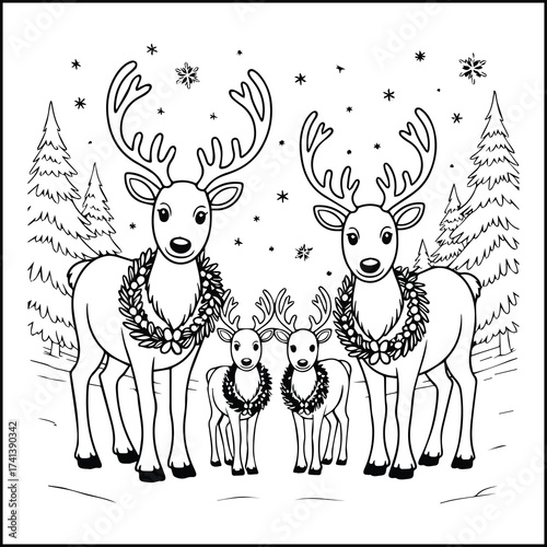 Charming black and white illustration of a reindeer family in a snowy forest wearing wreaths