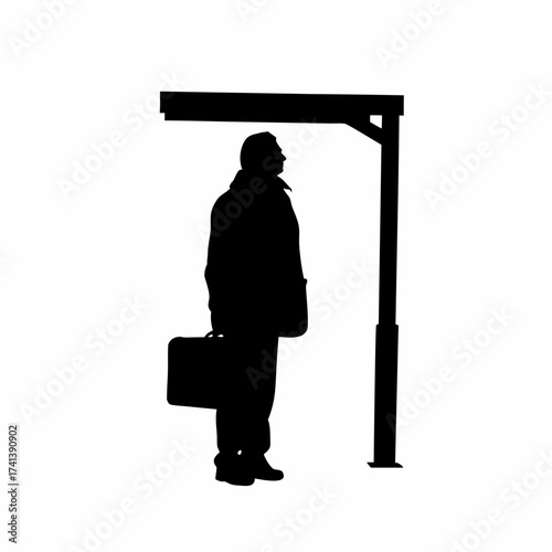 Silhouette of a commuter waiting for a bus holding a briefcase isolated on white background