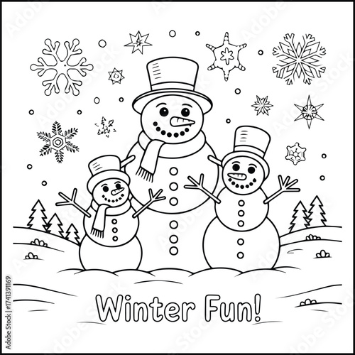 Happy snowman family enjoying a snowy winter day with stars and trees coloring page