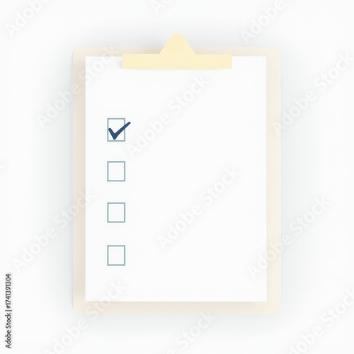 Checklist on clipboard with one checked box and empty boxes  