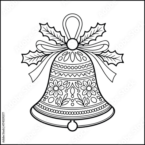 Decorative christmas bell with holly leaves and ribbon ornament for holiday season