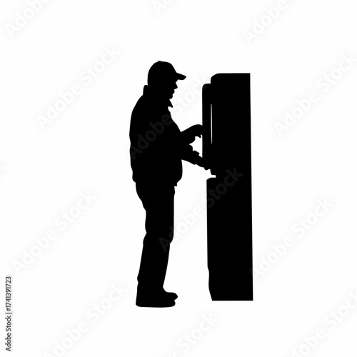 Silhouette of a driver paying parking fee at a machine isolated on white background