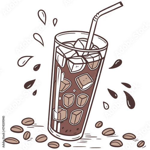 Refreshing iced coffee, a cool summer treat in a tall glass with condensation on a white background