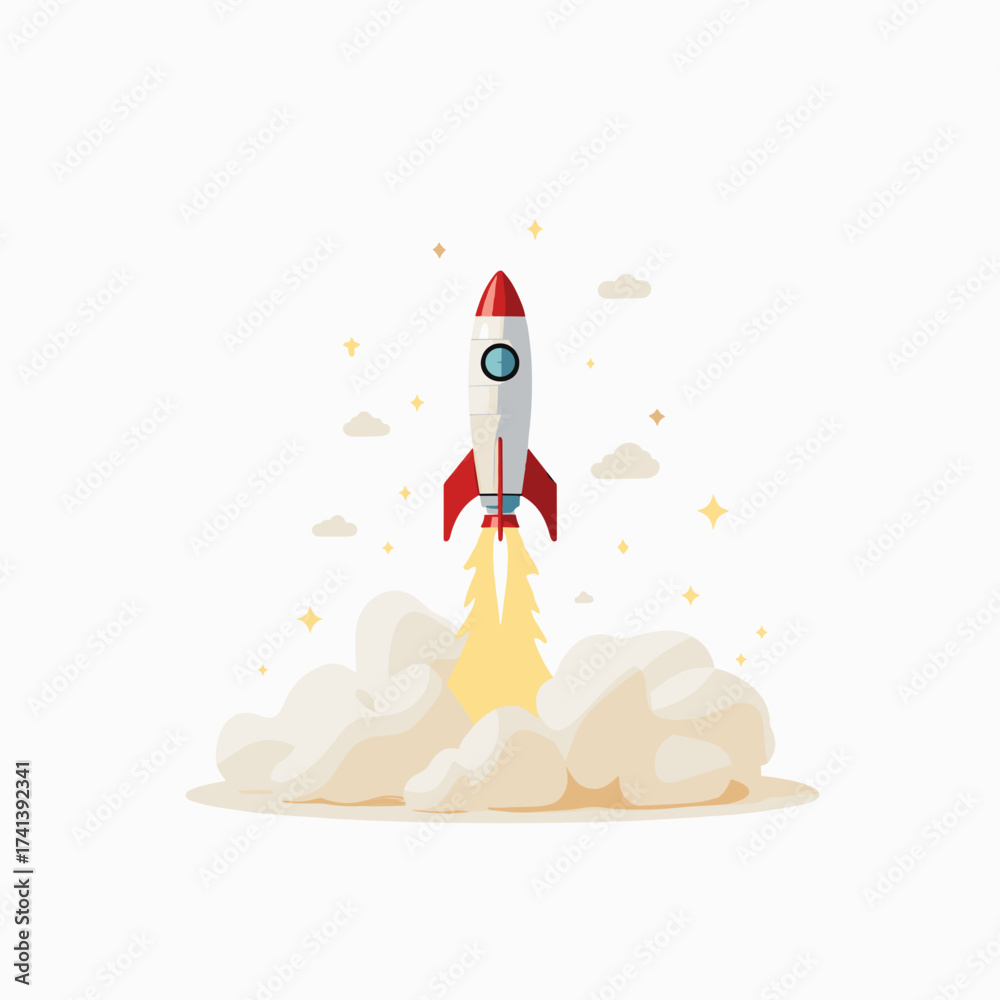 Fototapeta premium Rocket launching into space with clouds and stars in background 