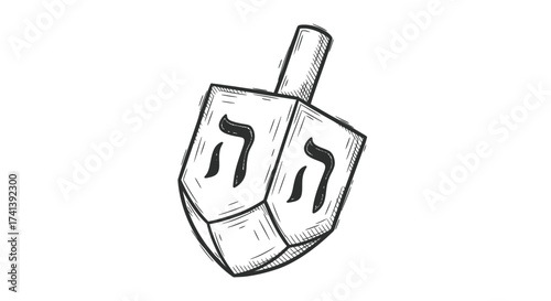 Hand-drawn sketch of a dreidel with Hebrew letters a traditional Hanukkah toy.
