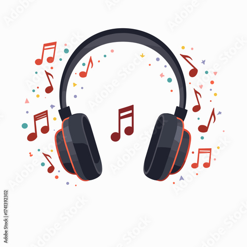 Black headphones with colorful music notes on white background  