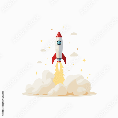 Rocket launching into space with clouds and stars in background  
